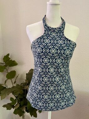 Cinnamon Girl Blue & White Floral Halter Tankini Top - Size Medium
